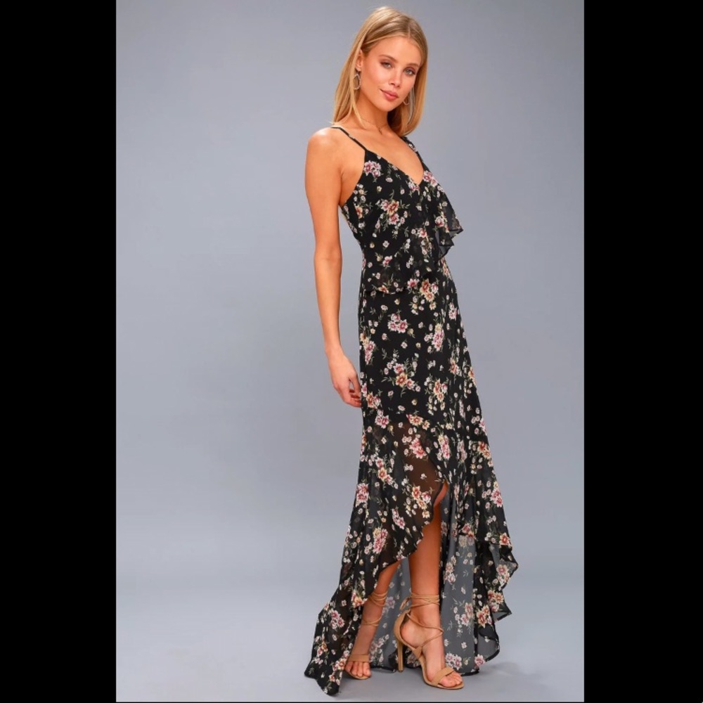 Black Floral Print High-Low Maxi Dress - Lulus